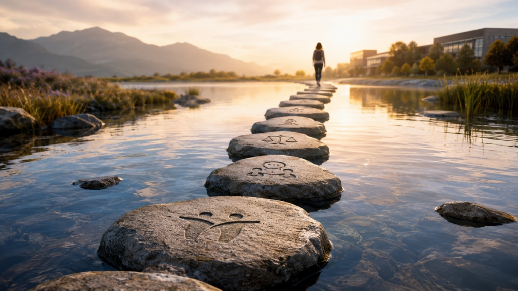 Person walking across stepping stones, symbolising the everyday leadership behaviours that support employee retention